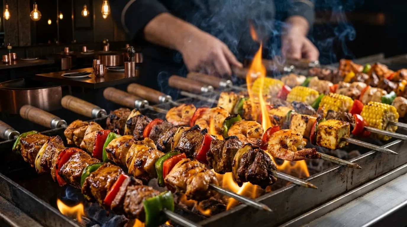 chicken and shrimp skewers over open flame