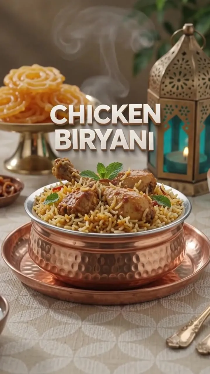 Chicken dum biryani served in a copper handi