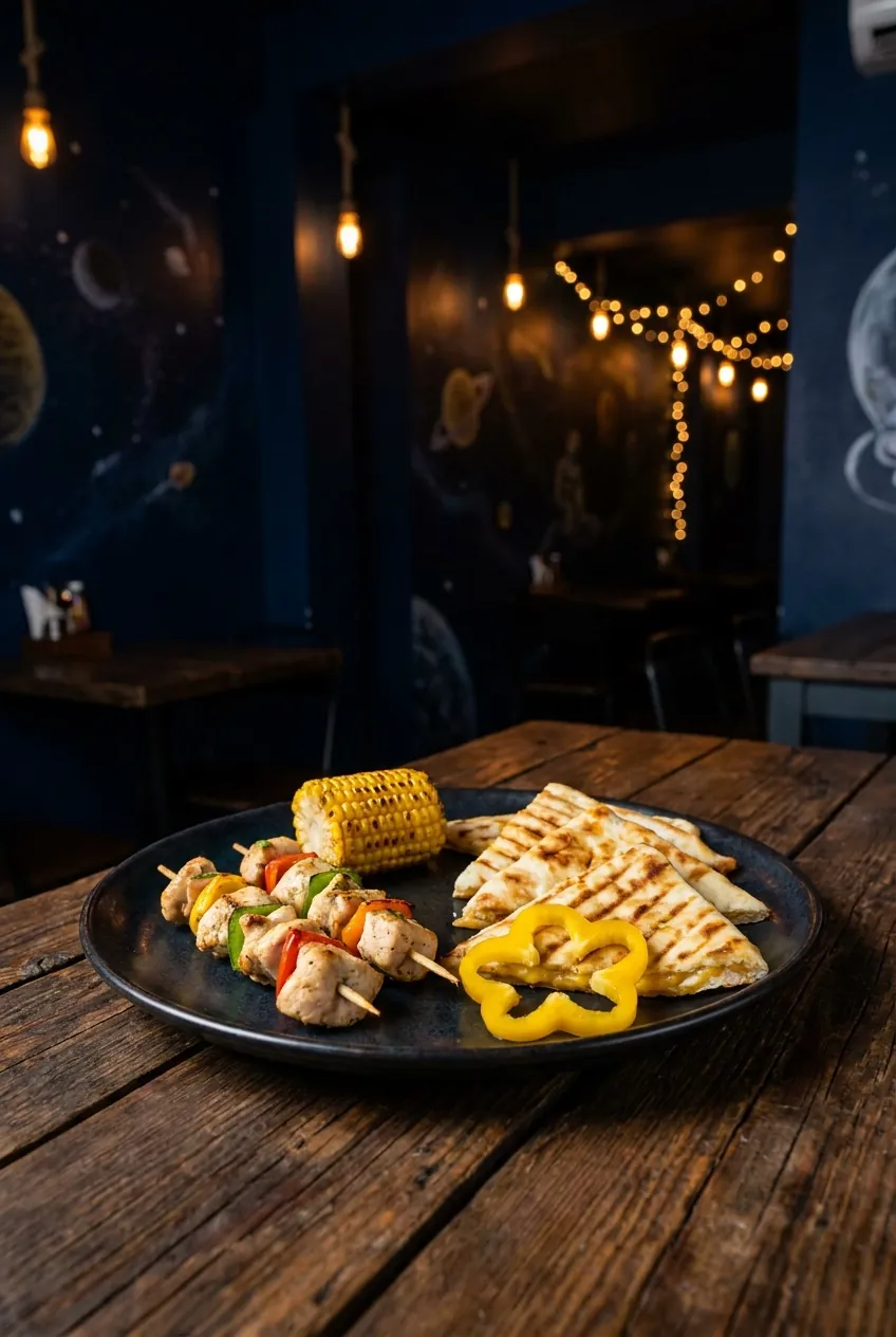 Kids plate with chicken skewer, grilled corn and quesadilla