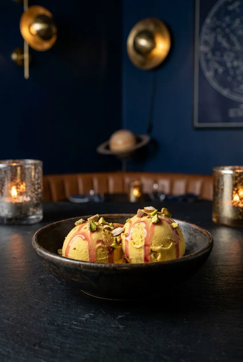kulfi scoops with rose syrup and chopped nuts