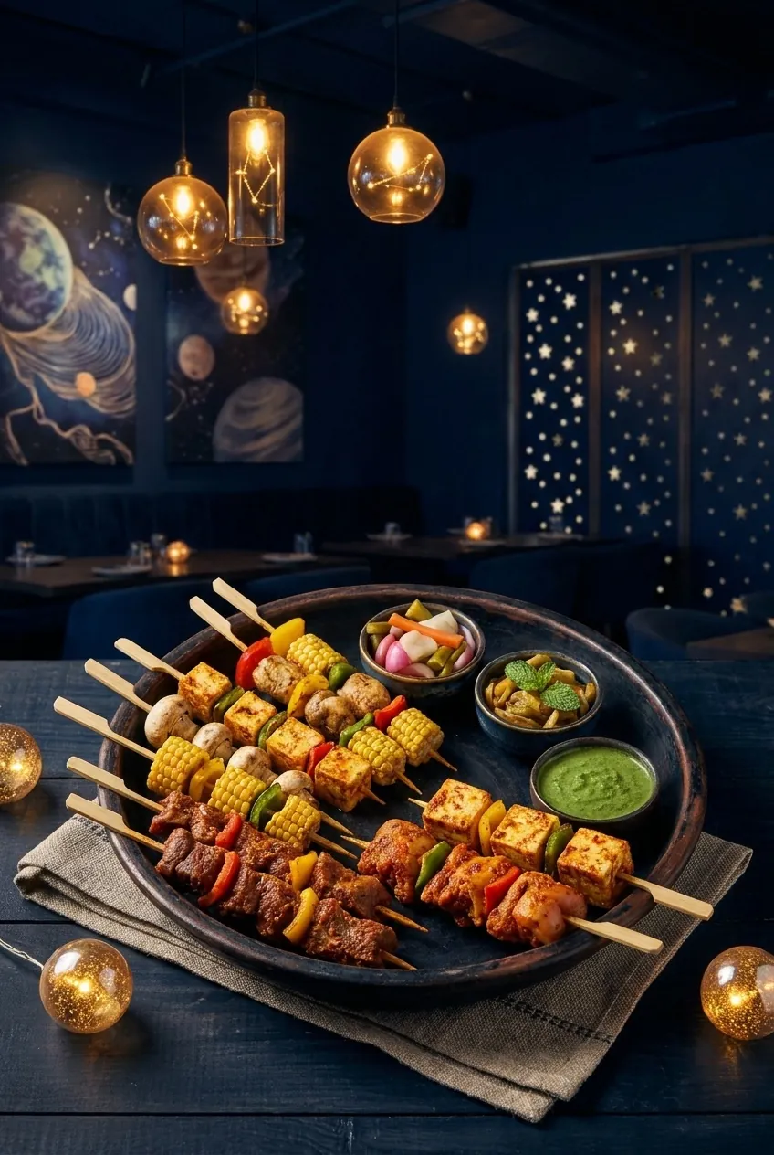 marinated veg and paneer skewer platter with pickles and chutney