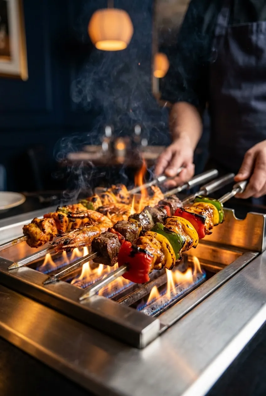 marinated chicken skewers over a live gas flame